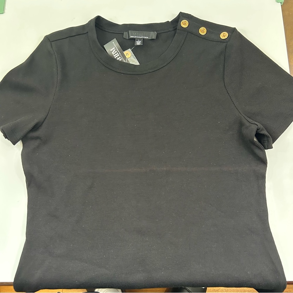 CCO White House Black Market Black Top with Gold Button, L NWT